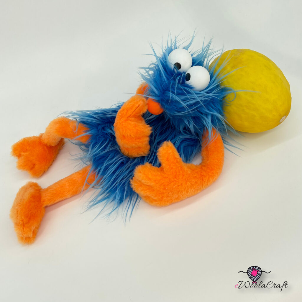 Blue Caveman with orange accent – hand puppet – ewoolacraft.com