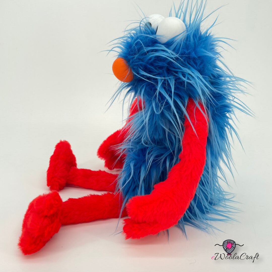 Blue Caveman with red accent – hand puppet – ewoolacraft.com